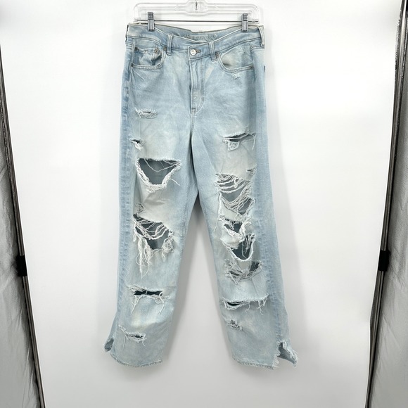 American Eagle Outfitters Denim - American Eagle Super High Rise Baggy Straight Distressed Jeans Light Wash Sz 10